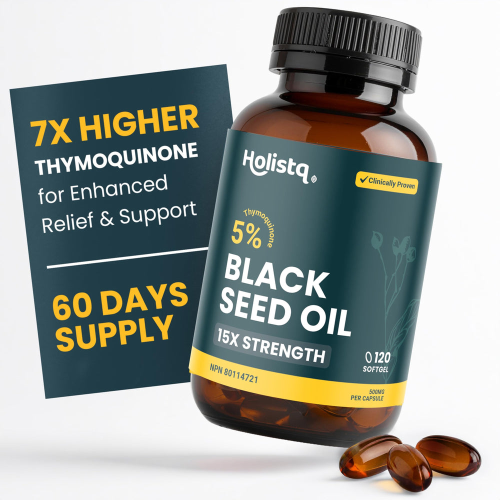 HOLISTQ black seed oil capsules bottle close-up for easy daily immune support.