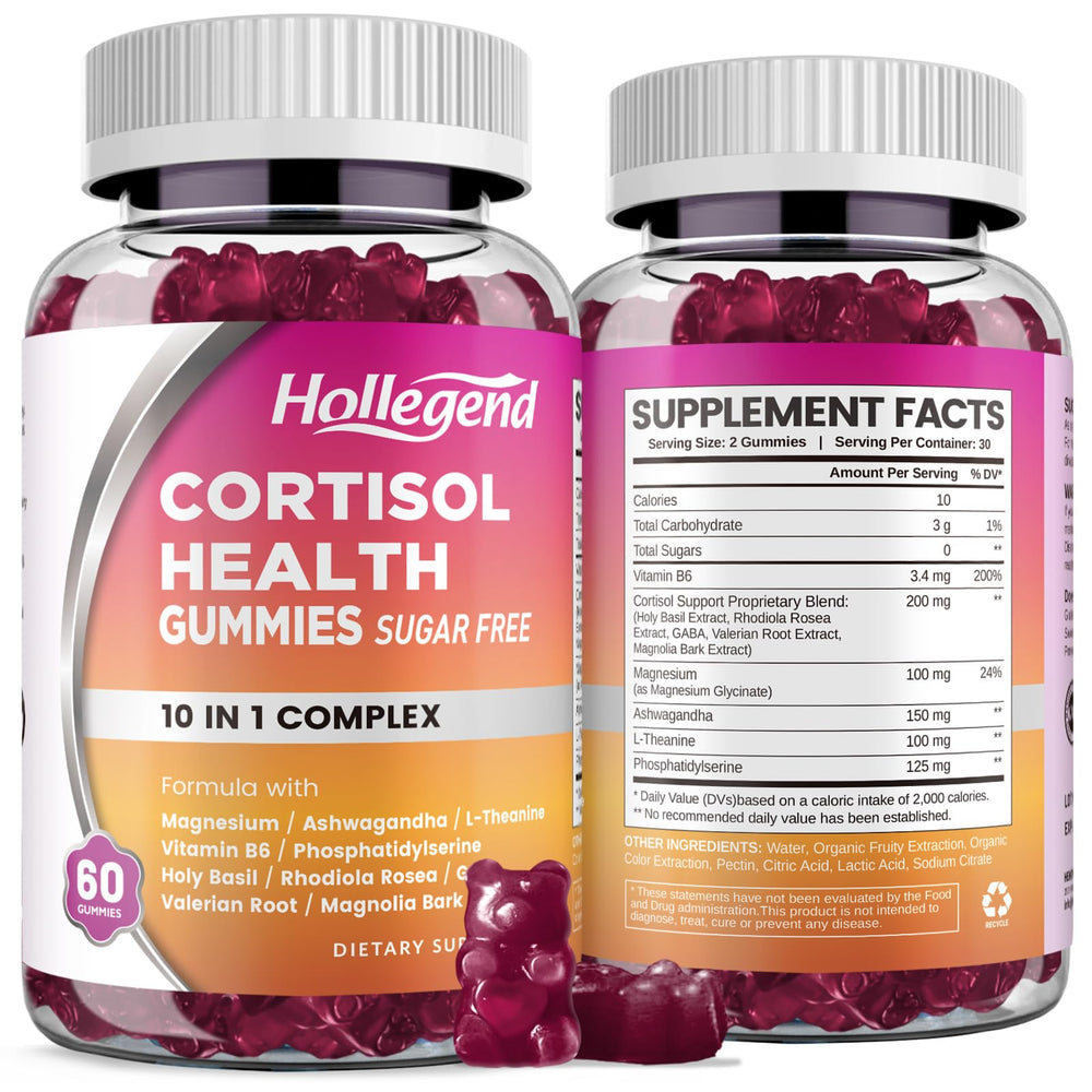 HOLLEGEND cortisol gummies jar closeup shows blueberry flavor for relaxation and focus