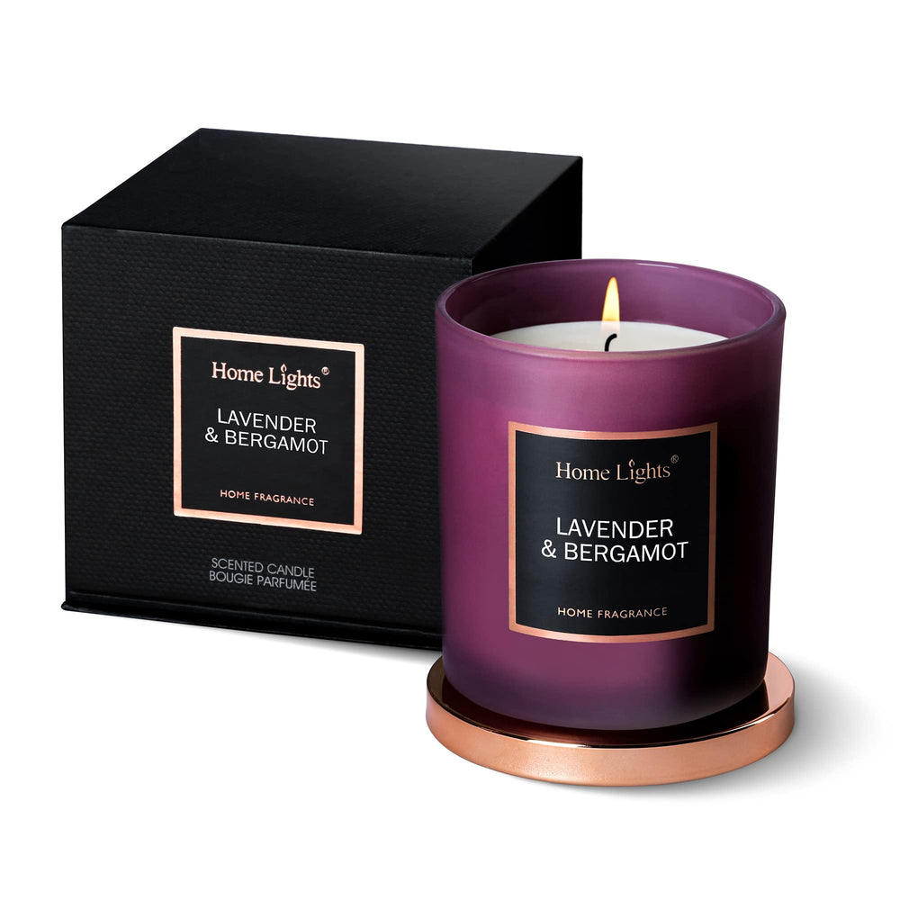 Home Lights lavender-bergamot scented soy candle in a glass jar for calming ambiance