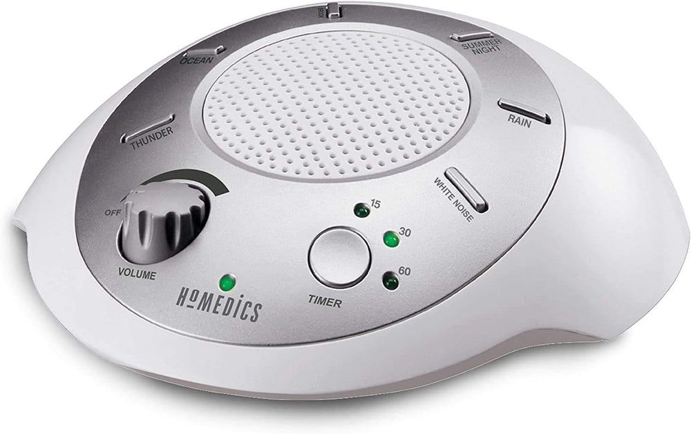 Homedics SoundSleep front view shows compact travel white noise machine for home or office