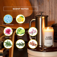 Homesick Lake Living candle on table creates cozy porch moments at home.
