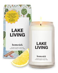 Homesick Lake Living candle label conveys lakeside ambiance and premium scent for relaxing evenings.