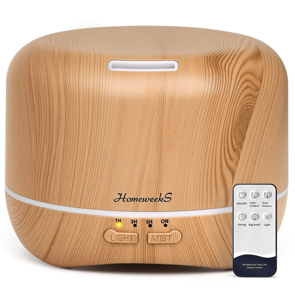 Homeweeks 300ml diffuser with wood grain releasing calming mist.