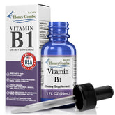 HoneyCombs Vitamin B1 drops bottle on table, highlighting easy daily energy support.