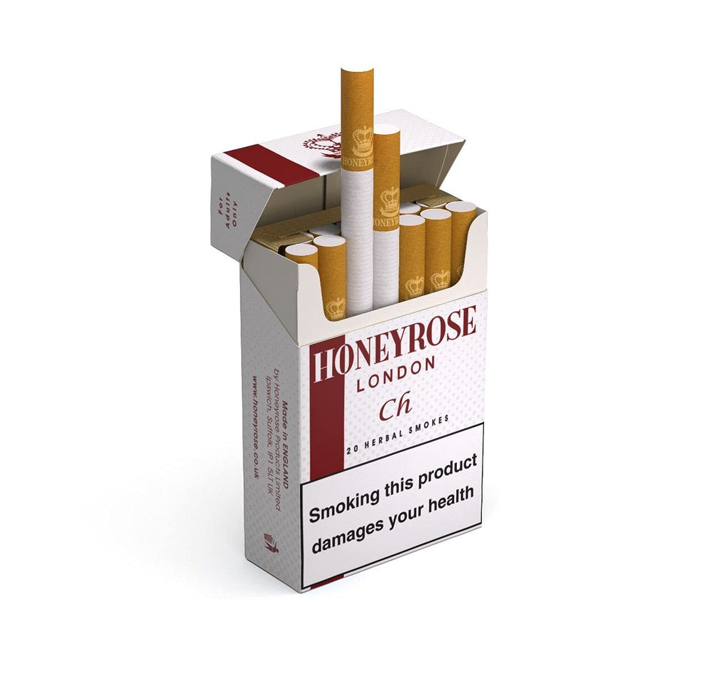 Honeyrose Cherry herbal cigarettes pack with 20 sticks, nicotine-free quit aid.