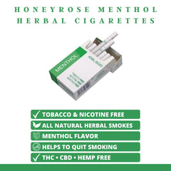 Honeyrose Menthol herbal cigarettes close-up showing sticks as a tobacco-free alternative