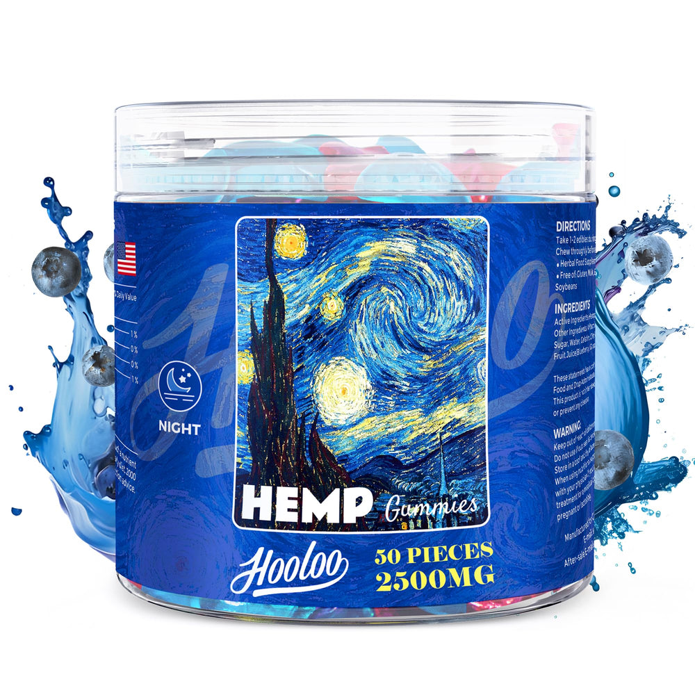 HOOLOO Hemp Gummies Blueberry Grape bottle shows a convenient daily wellness option.