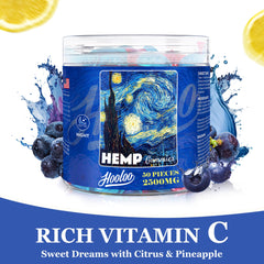Packaging box for HOOLOO Hemp Gummies Blueberry Grape emphasizes premium ingredients.
