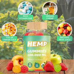 Bottle cap and label emphasize 100,000mg hemp content per bottle.