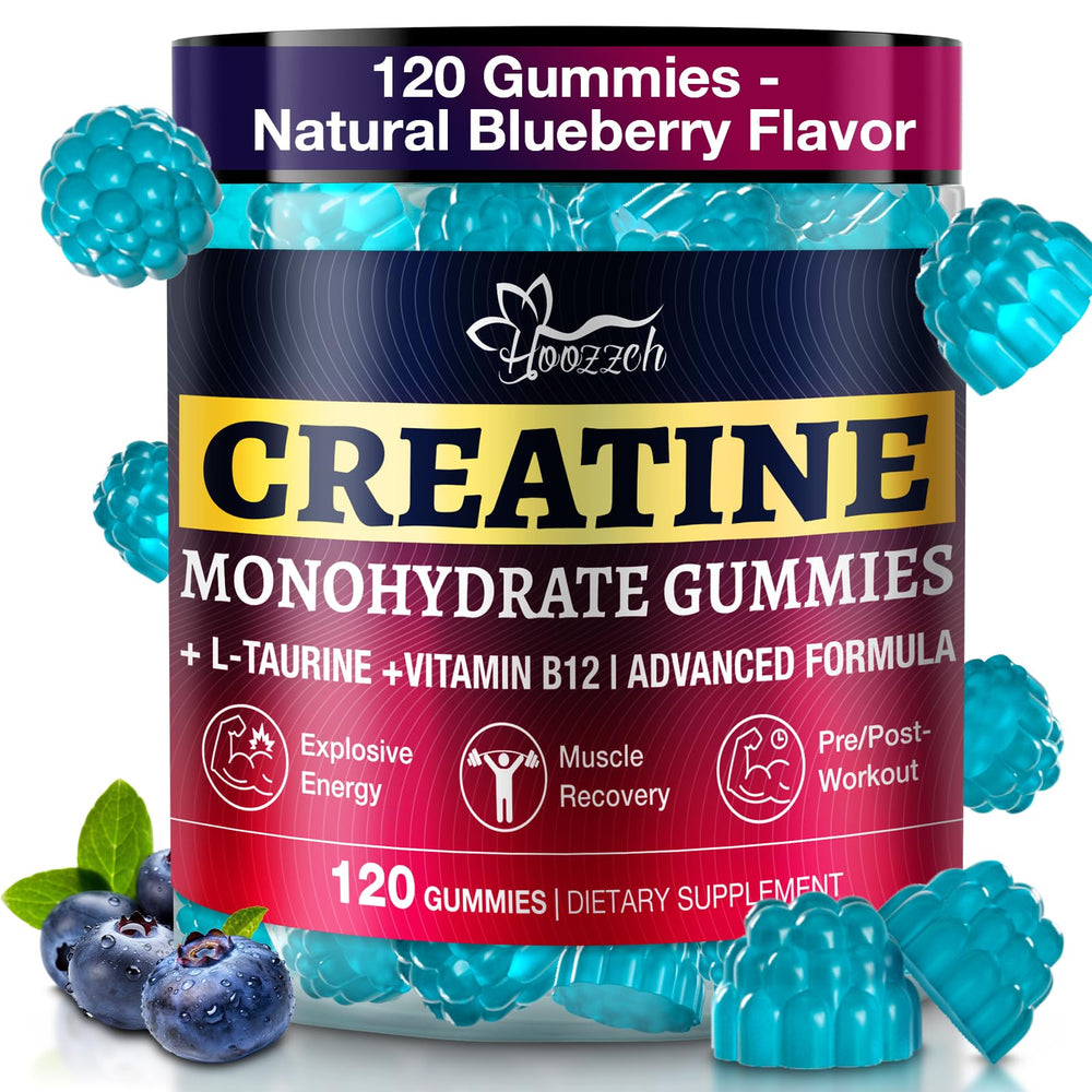 Hoozzch Creatine Gummies blueberry bottle for on-the-go workout support.