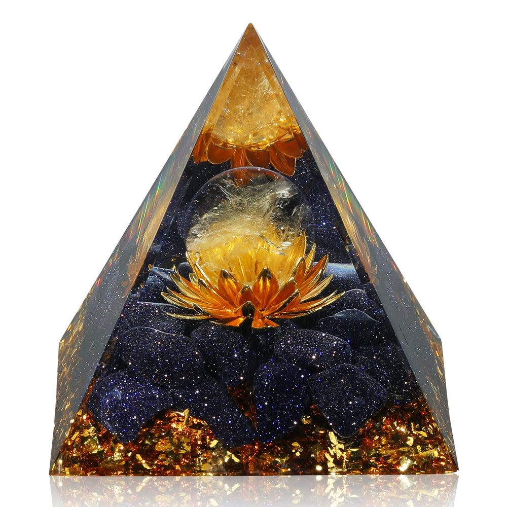 Hopeseed Orgone Pyramid with citrine and blue sandstone, ideal for focused meditation.