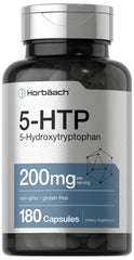 Horbäach 5HTP 200mg bottle front with non-GMO and gluten-free details.