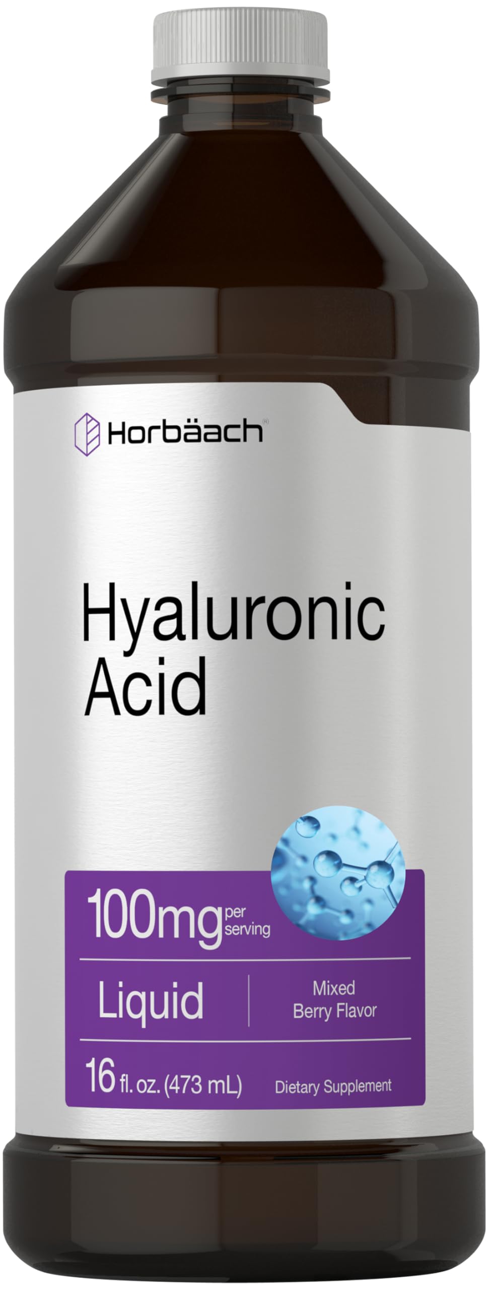 Horbäach ácido hialurónico líquido 100 mg en botella, posible apoyo a hidratación de la piel.