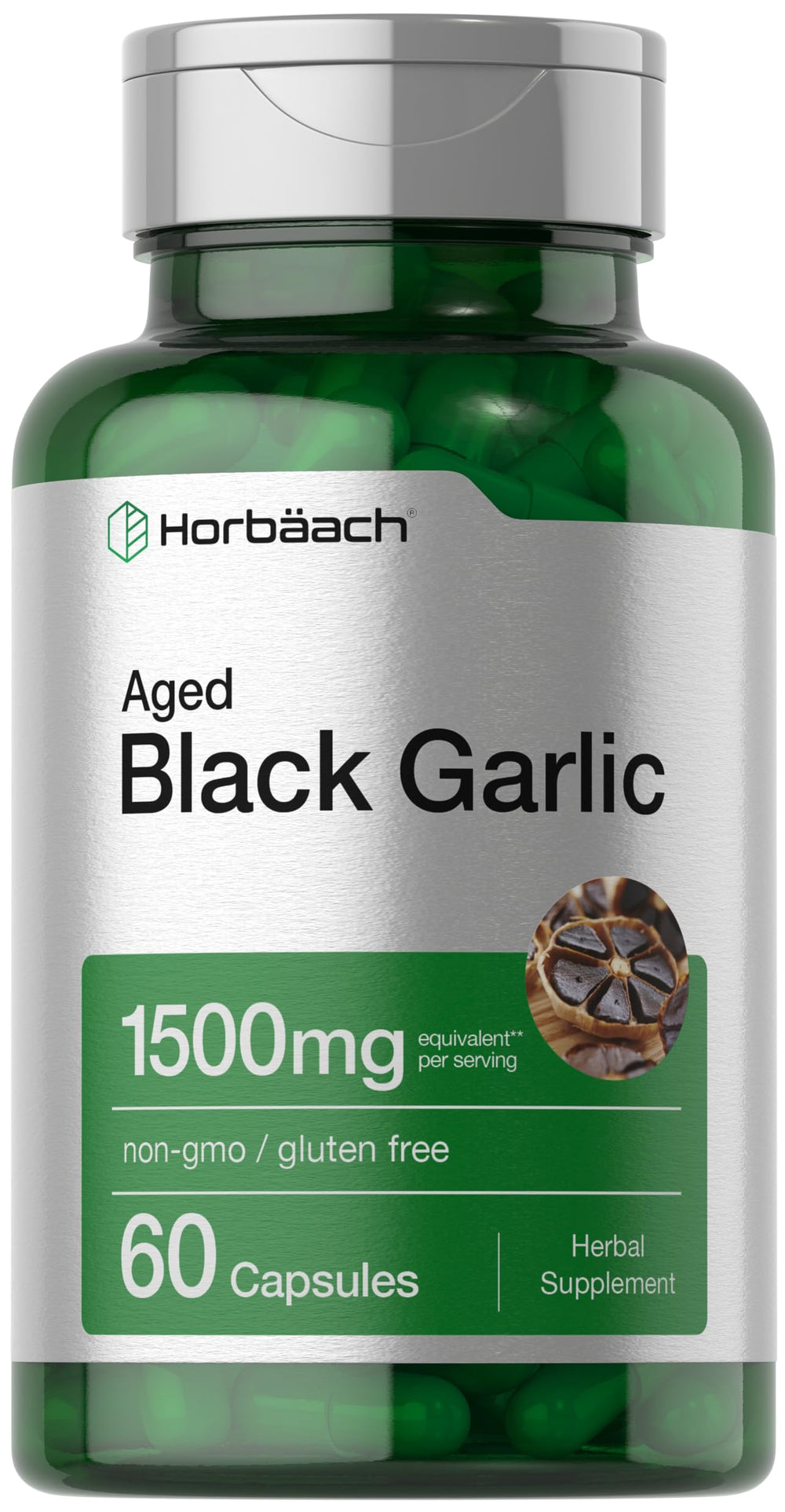 Horbaach Aged Garlic Extract cápsulas frente, uso diario suave.