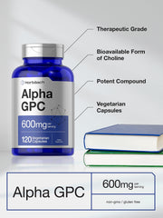 Label view showing gluten-free and non-GMO claims for Horbäach Alpha GPC
