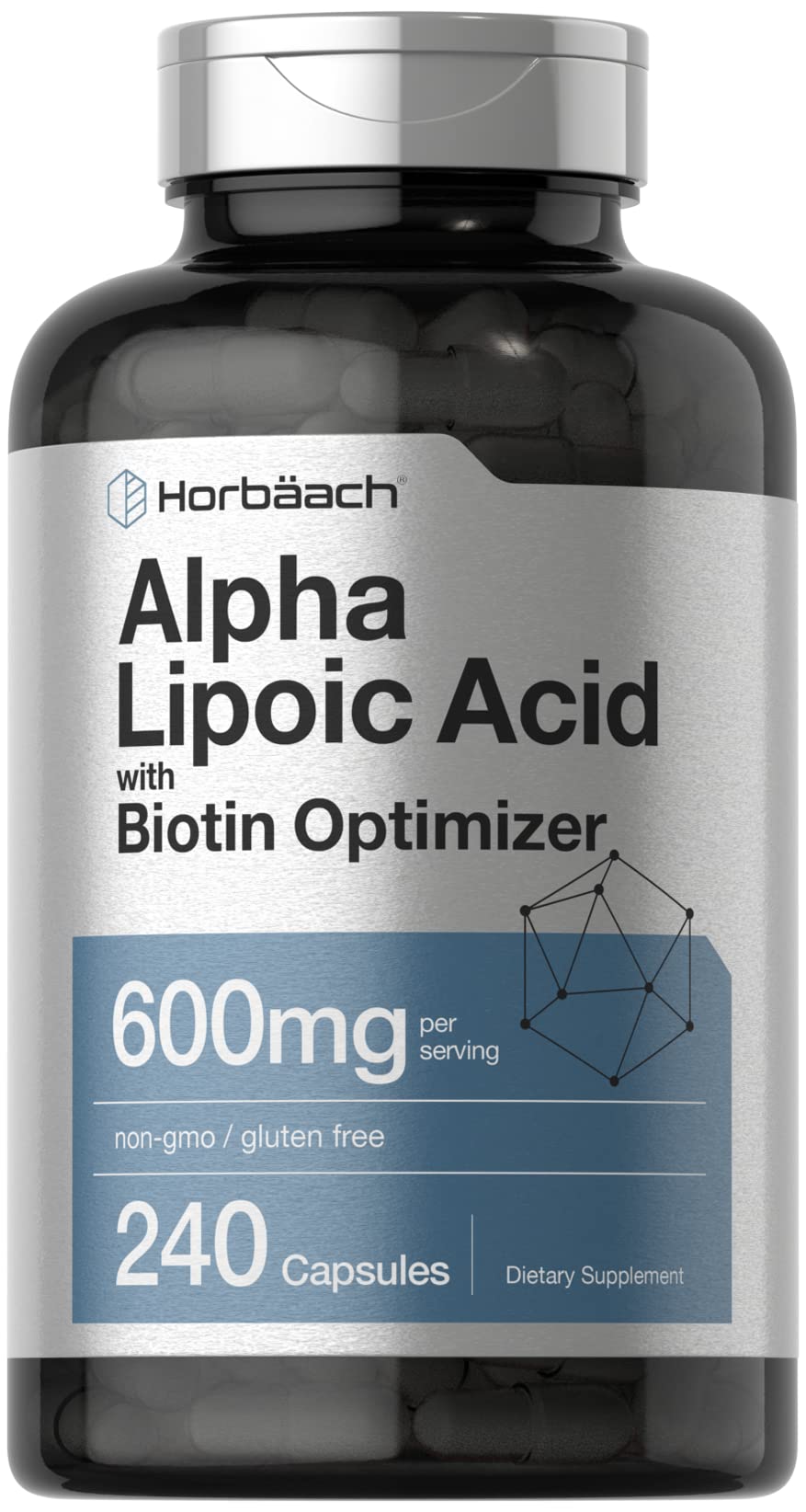 Horbäach Alpha Lipoic Acid 600mg bottle showing quick-release capsules for daily support.