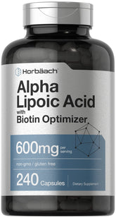 Horbäach Alpha Lipoic Acid 600mg bottle showing quick-release capsules for daily support.