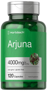 Horbaach Arjuna capsules bottle showcases gluten-free, non-GMO formula.