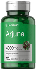 Horbaach Arjuna capsules bottle showcases gluten-free, non-GMO formula.