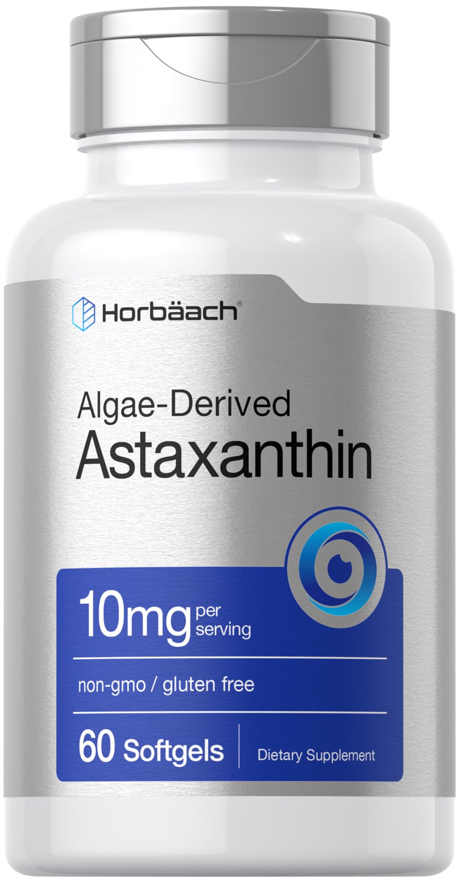 Horbäach Astaxanthin 10mg softgels bottle front for daily antioxidant support.