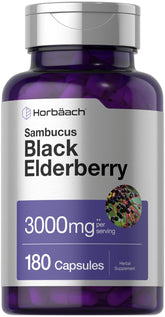 Horbäach Black Elderberry bottle front showcases a high-dose 3000 mg extract.