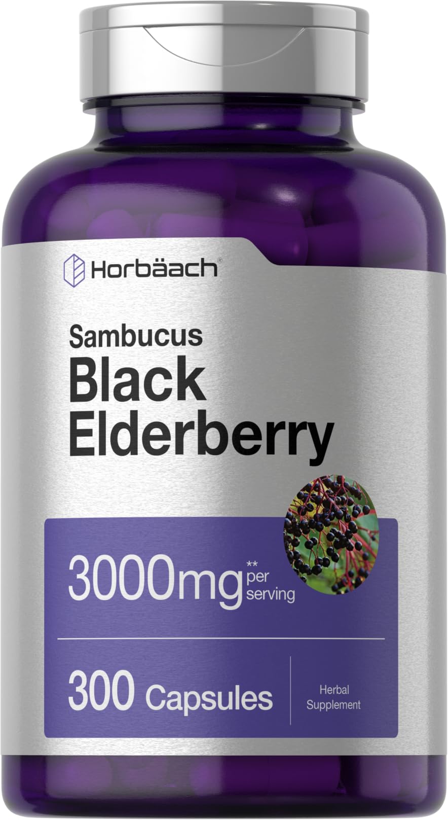 Horbäach Black Elderberry bottle label showing potency and serving size