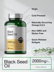 Horbaach Black Seed Oil label close-up highlighting 2000mg per capsule
