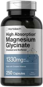 Horbäach Buffered Magnesium Glycinate bottle shows high-absorption formula.