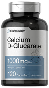 Horbäach Calcium D-Glucarate 1000mg bottle close-up showing easy-to-swall capsules for daily wellness.