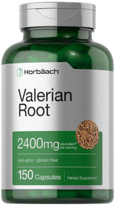 Cápsulas de valeriana Horbäach, botella frontal, muestra 2400 mg por porción para la relajación