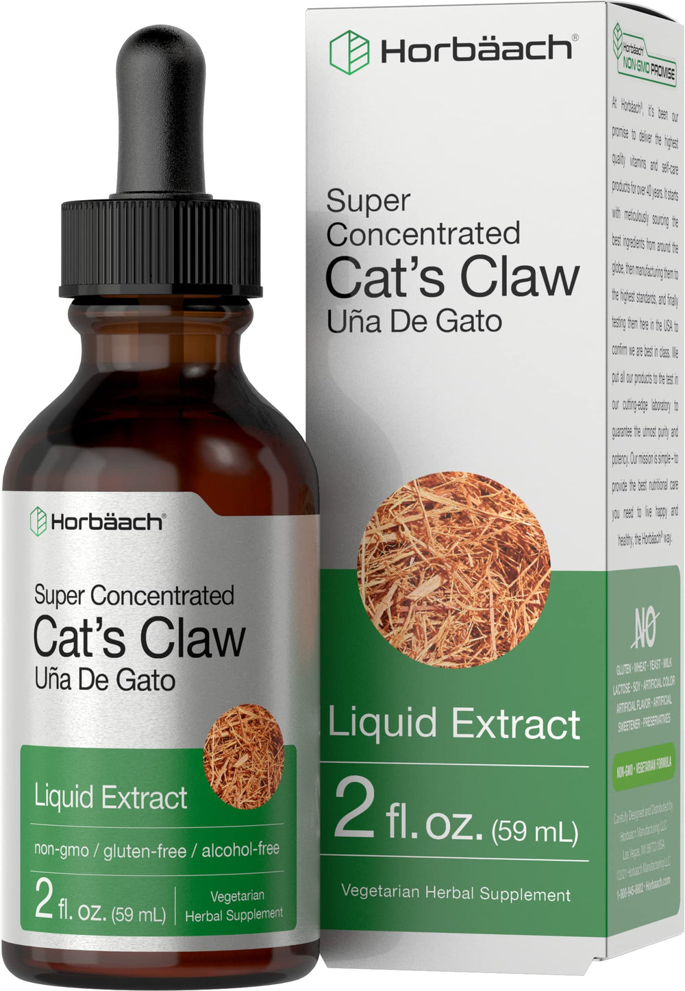 Horbäach Cat's Claw herb extract bottle shows alcohol-free tincture for daily herbal use.