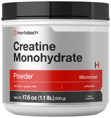Horbäach Creatine Monohydrate Powder tub shown, premium unflavored supplement for workouts