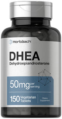 Horbäach DHEA 50mg bottle close-up highlighting purity and quality.