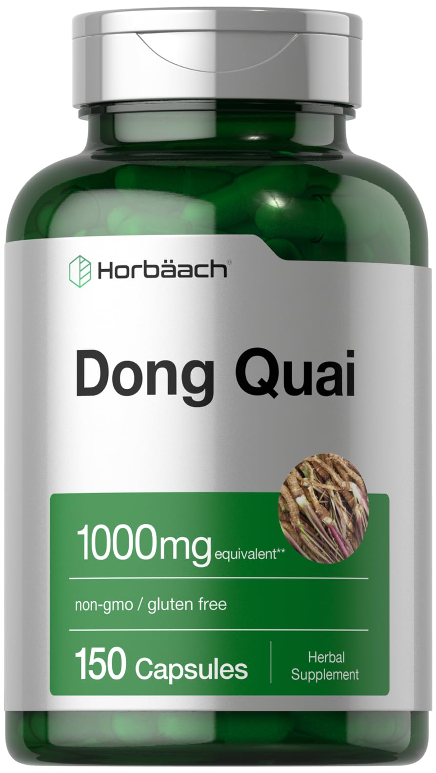 Horbaach Dong Quai capsules bottle highlights 1000mg strength for daily use.