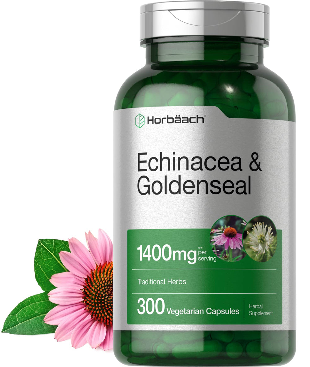Horbäach Echinacea Goldenseal capsules bottle on kitchen counter for daily wellness routine.