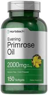Horbäach Evening Primrose Oil bottle shows 2000 mg softgels for daily omega-6 support.