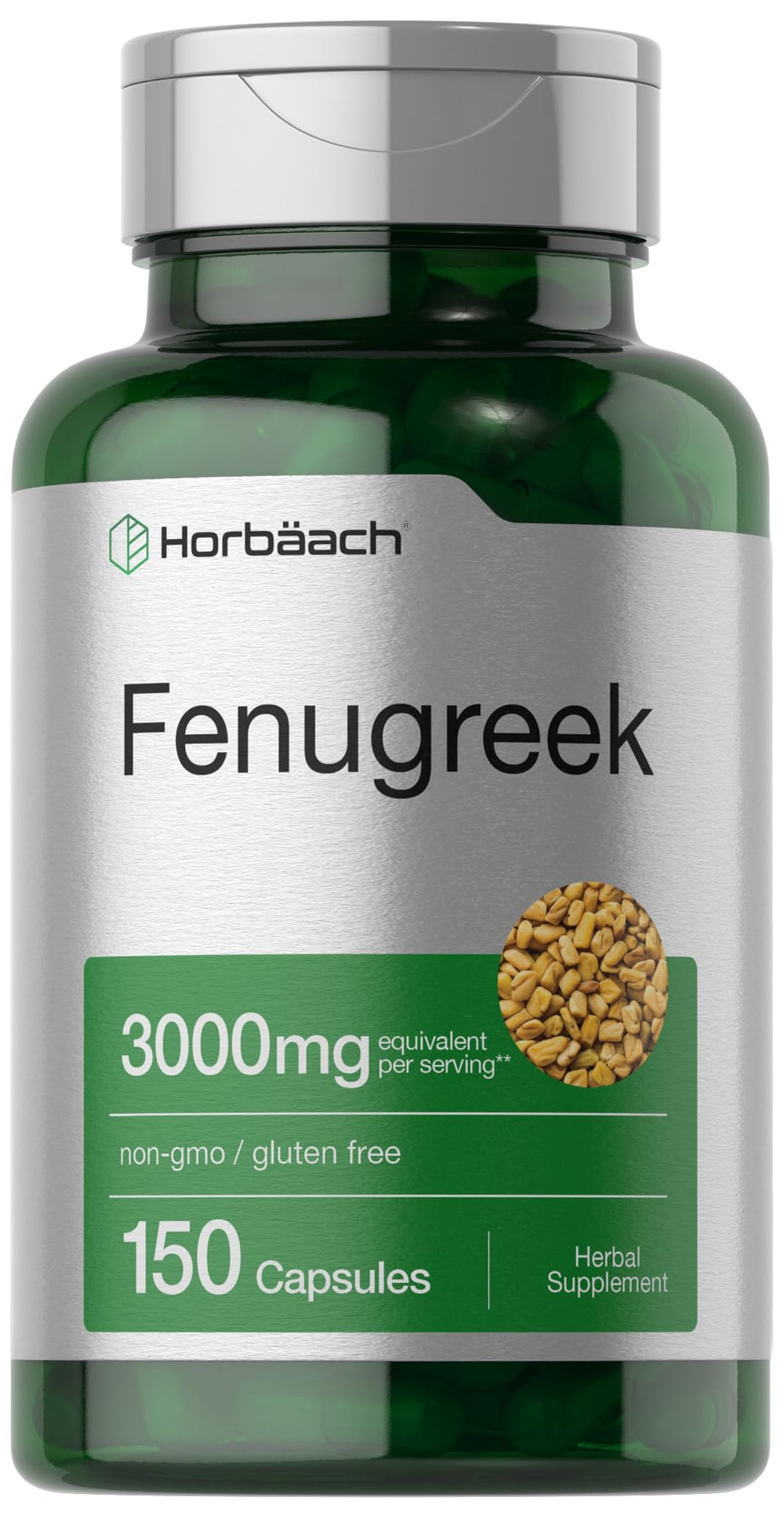 Cápsulas Horbäach fenogreco en botella para ingesta diaria fácil.