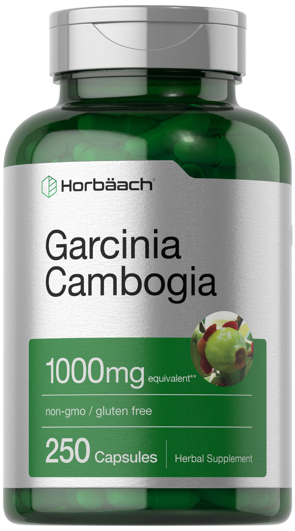 Horbaach Garcinia Cambogia pills bottle showing convenient daily capsules.