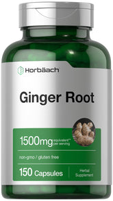 Horbäach Ginger Root Capsules 1500 mg bottle for daily wellness and gluten-free use