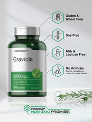 Leaf and fruit highlight Graviola ingredients in Horbäach capsules.