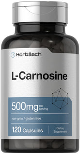 Horbäach L-Carnosine 500mg bottle highlighting antioxidant properties.