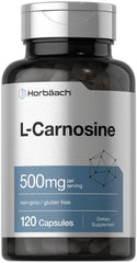 Horbäach L-Carnosine 500mg bottle highlighting antioxidant properties.