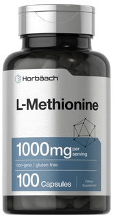 Horbäach L-Methionine bottle label close-up highlighting 1000 mg potency.