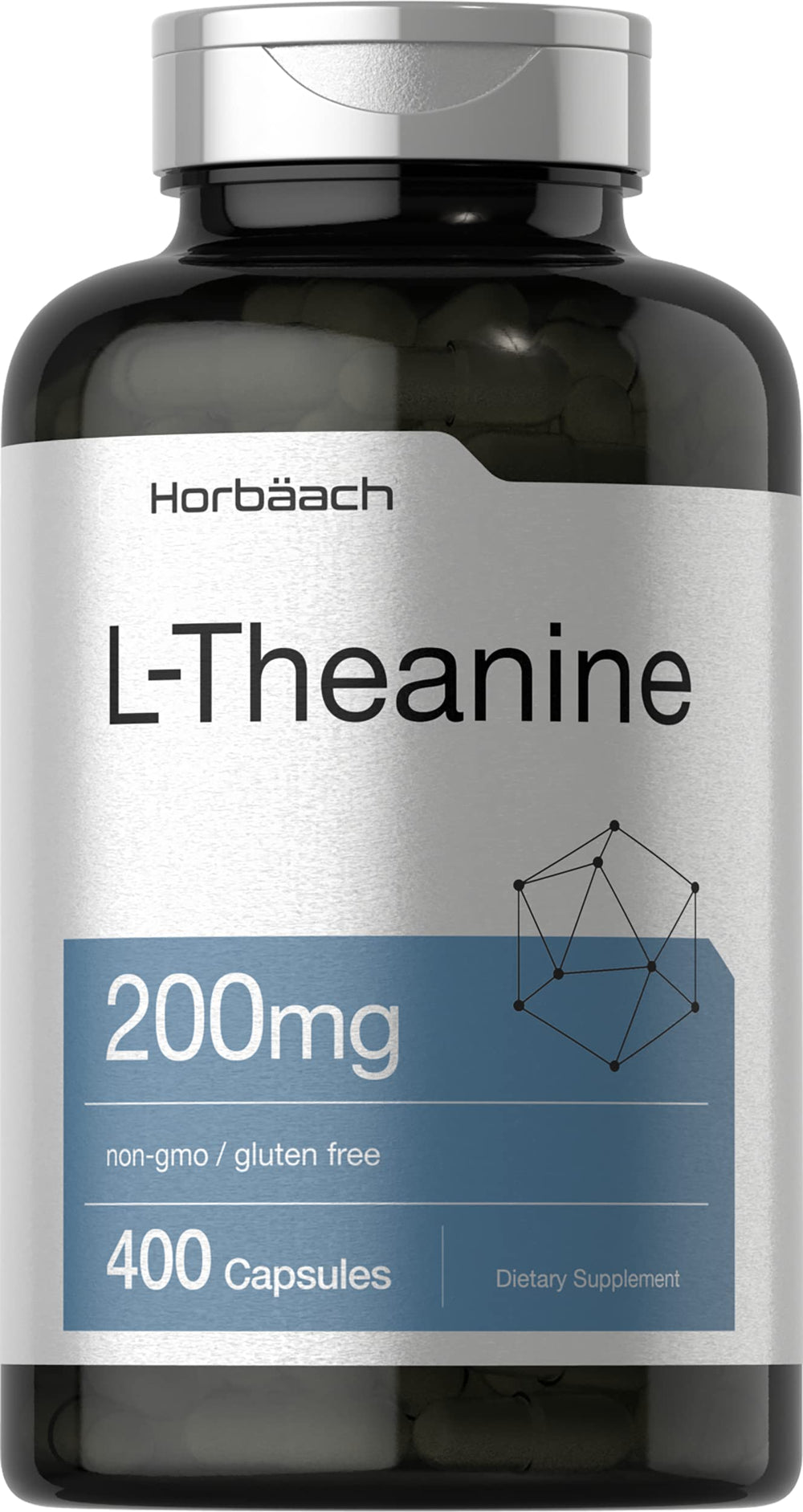 Horbäach L-Theanine 200mg bottle on shelf supports daily calm and balance