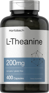 Horbäach L-Theanine 200mg bottle on shelf supports daily calm and balance