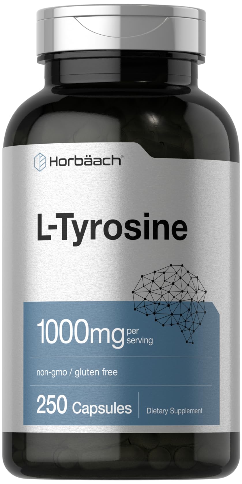 Horbäach L-Tyrosine bottle front showing 1000 mg per serving, gluten-free and non-GMO.