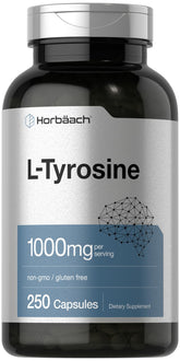 Horbäach L-Tyrosine bottle front showing 1000 mg per serving, gluten-free and non-GMO.