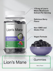 Horbäach Lions Mane Gummies label close-up highlighting vegan, gluten-free formula.