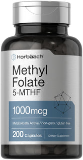 Horbaach Methyl Folate 1000mcg capsules in bottle for easy daily supplementation