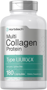 Horbaach Multi Collagen bottle close-up showing hydrolyzed collagen types I–X for daily use
